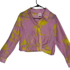 CAbi Pink and Yellow Leaf Print Button Down Shirt